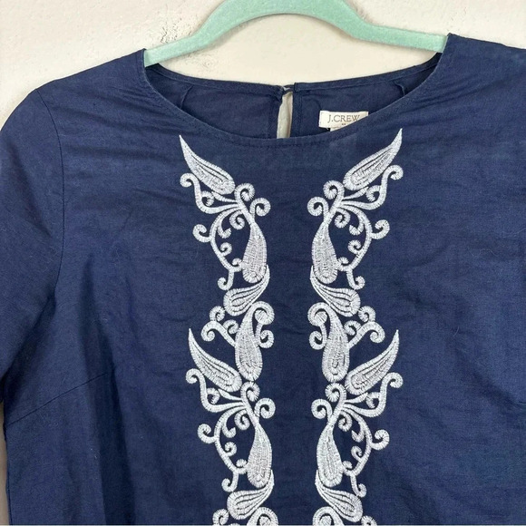 J Crew Navy Blue Embroidered Front Linen Cotton Blend Tunic Dress Coverup sz XS - Picture 5 of 9